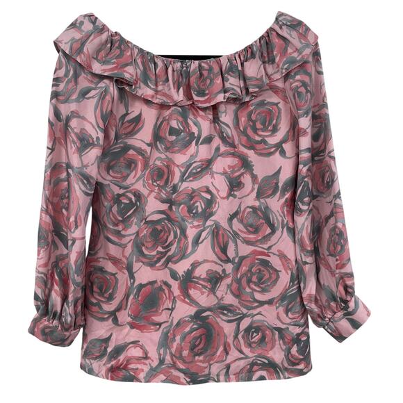 Britt Ryan Tops - Britt Ryan Pink Gray Rose Print Ruffle Neck Silk Blouse Womens 2